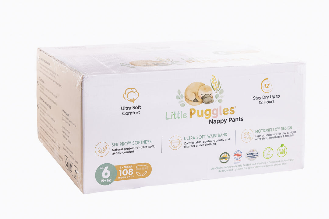 Little Puggles Size 6 nappy pants carton, 108 pants