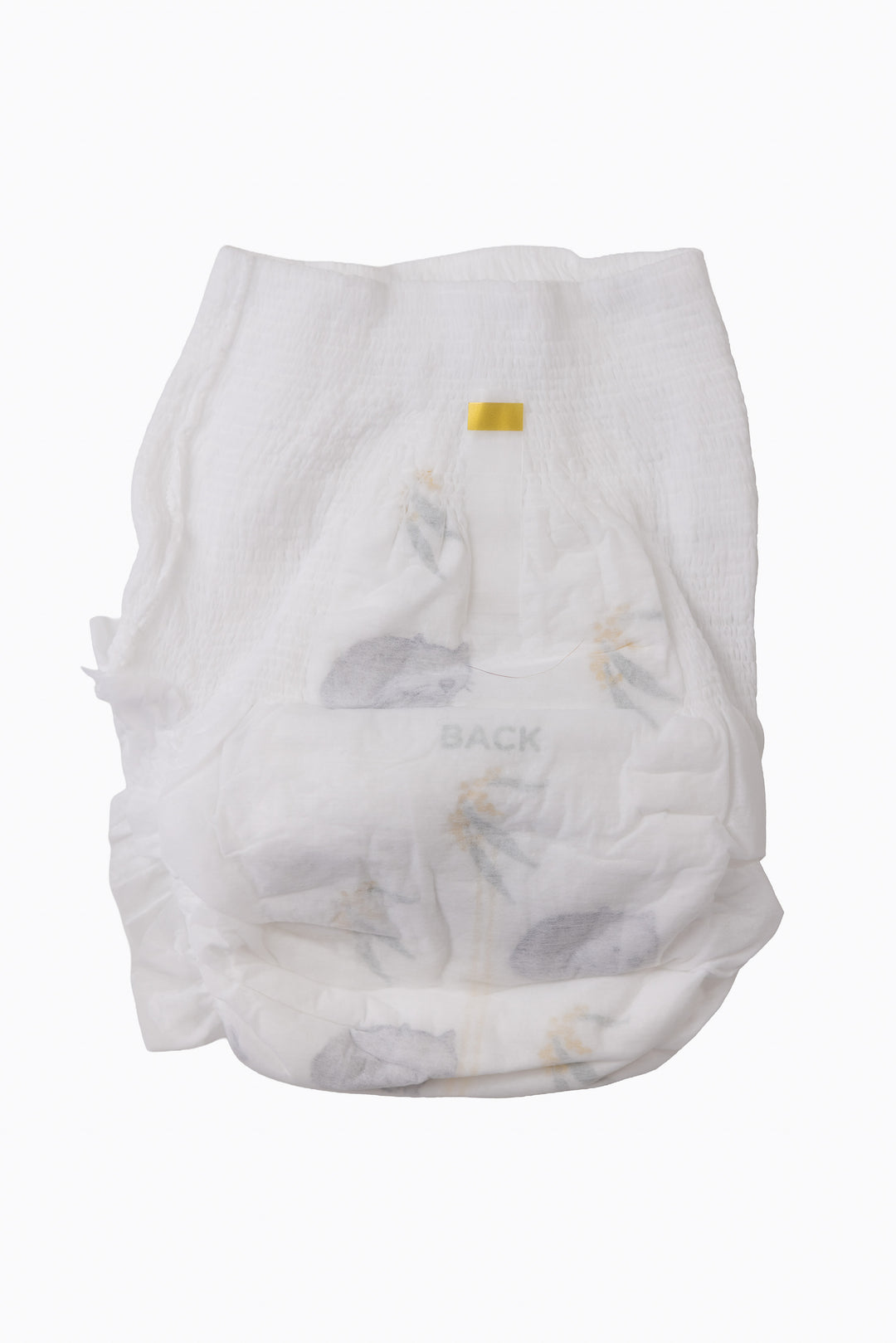 A single Little Puggles Size 6 nappy pant, back, showing the tear-away side seams