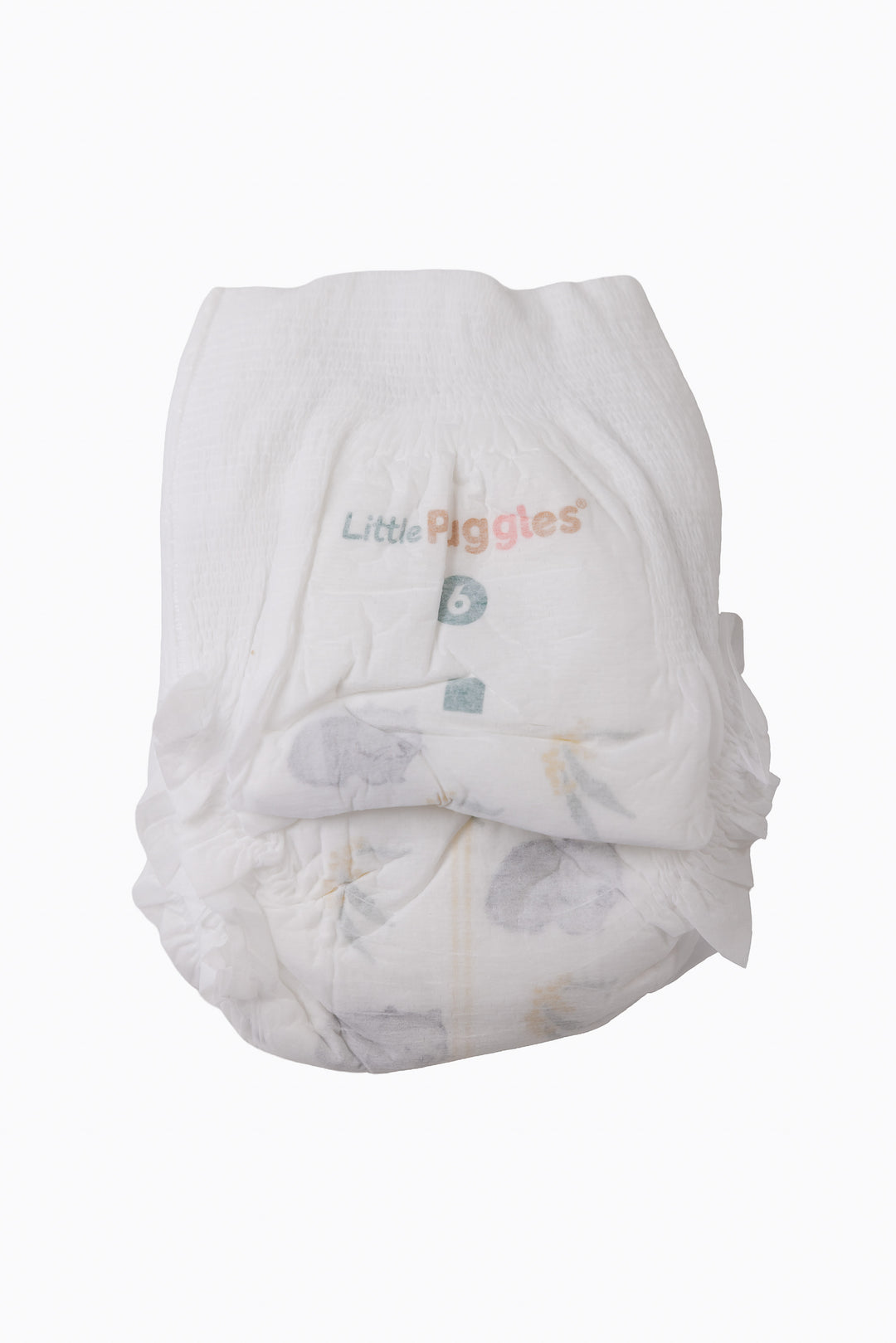 A single Little Puggles Size 6 nappy pant, front, showing the wombat and wattle print