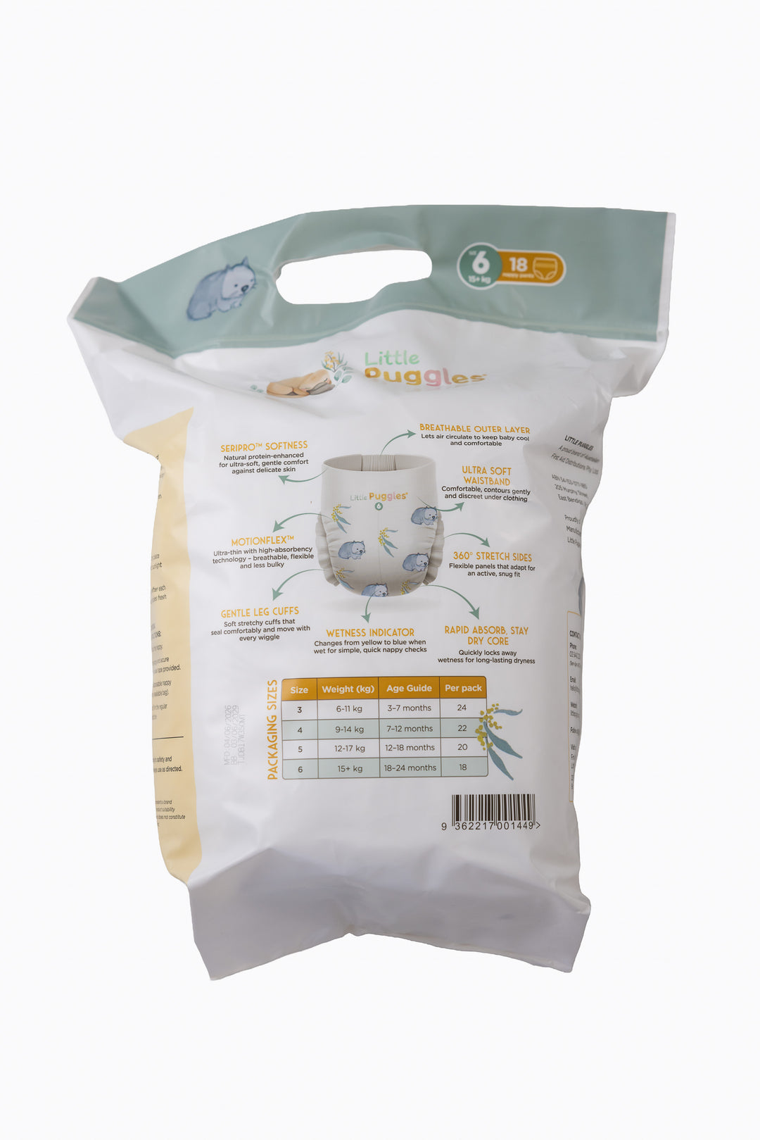 Little Puggles Size 6 nappy pants inner bag, back of pack, showing the sizing guide