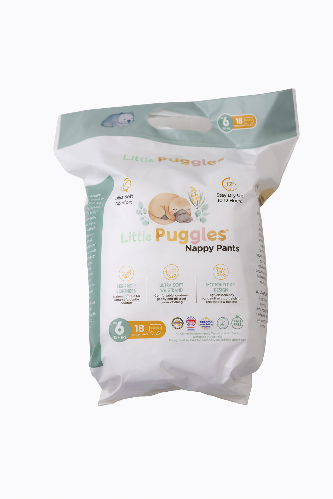 Little Puggles Size 6 nappy pants inner bag, front of pack, 18 pants