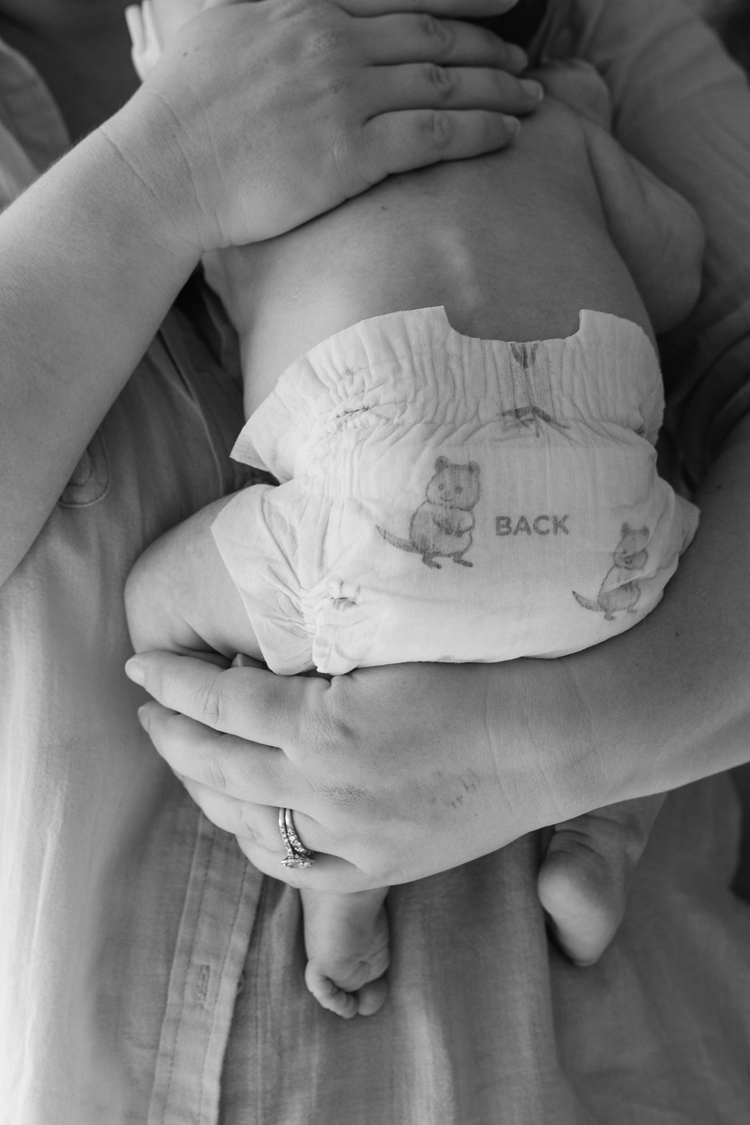 Black and white close-up of a Little Puggles nappy on a newborn held in a parent's arms